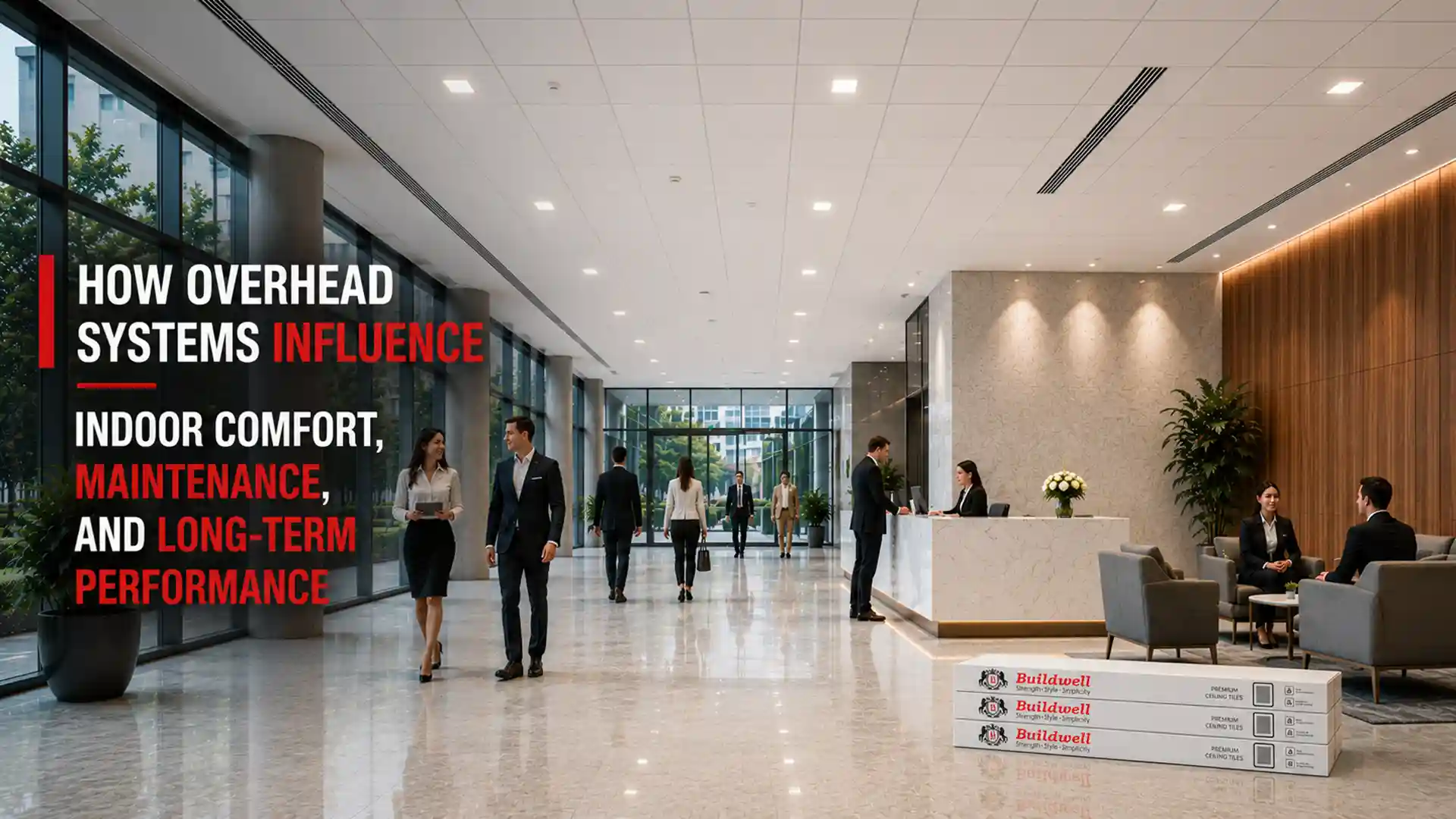 Modern commercial office lobby featuring premium Ceiling Tiles that enhance indoor comfort, acoustic performance, aesthetics, and long-term maintenance efficiency.