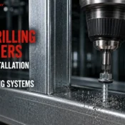 Close-up of a self-drilling screw fastening steel framing with a power drill, showcasing products from Self Drilling Screw Manufacturers for efficient metal construction.
