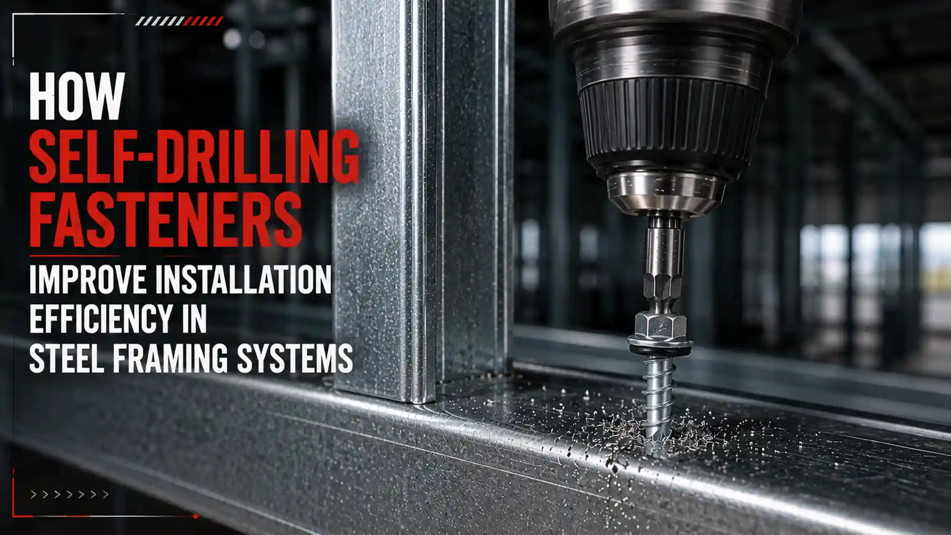 Close-up of a self-drilling screw fastening steel framing with a power drill, showcasing products from Self Drilling Screw Manufacturers for efficient metal construction.