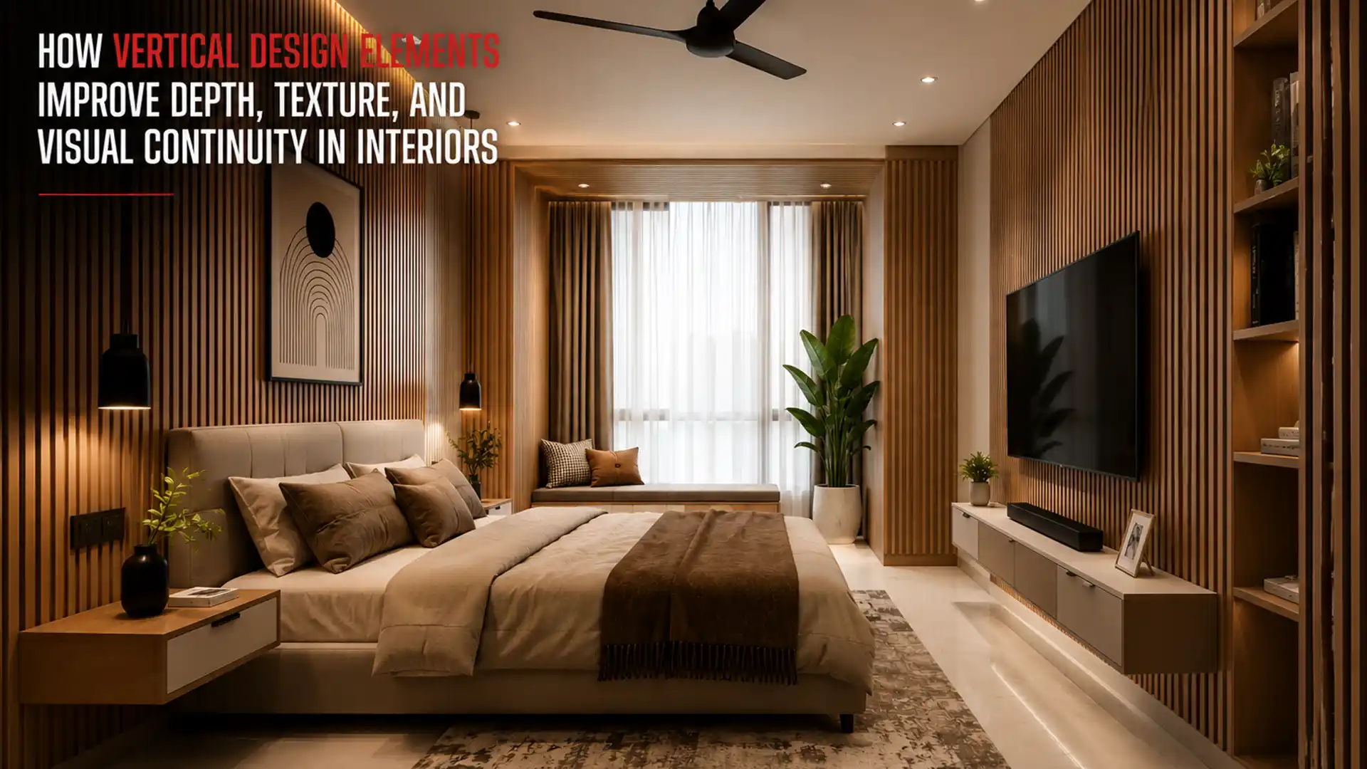 Modern bedroom featuring stylish WPC Louver wall panels that add depth, texture, and visual continuity to the interior.
