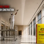 Worker applying gypsum plaster to a modern interior ceiling for a smooth finish using the Best Gypsum Plaster Brand in India.