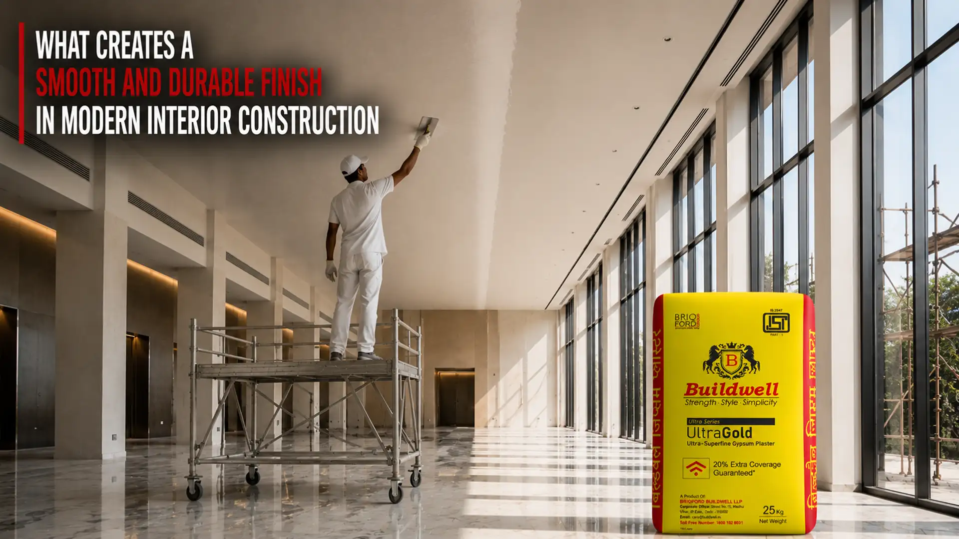 Worker applying gypsum plaster to a modern interior ceiling for a smooth finish using the Best Gypsum Plaster Brand in India.