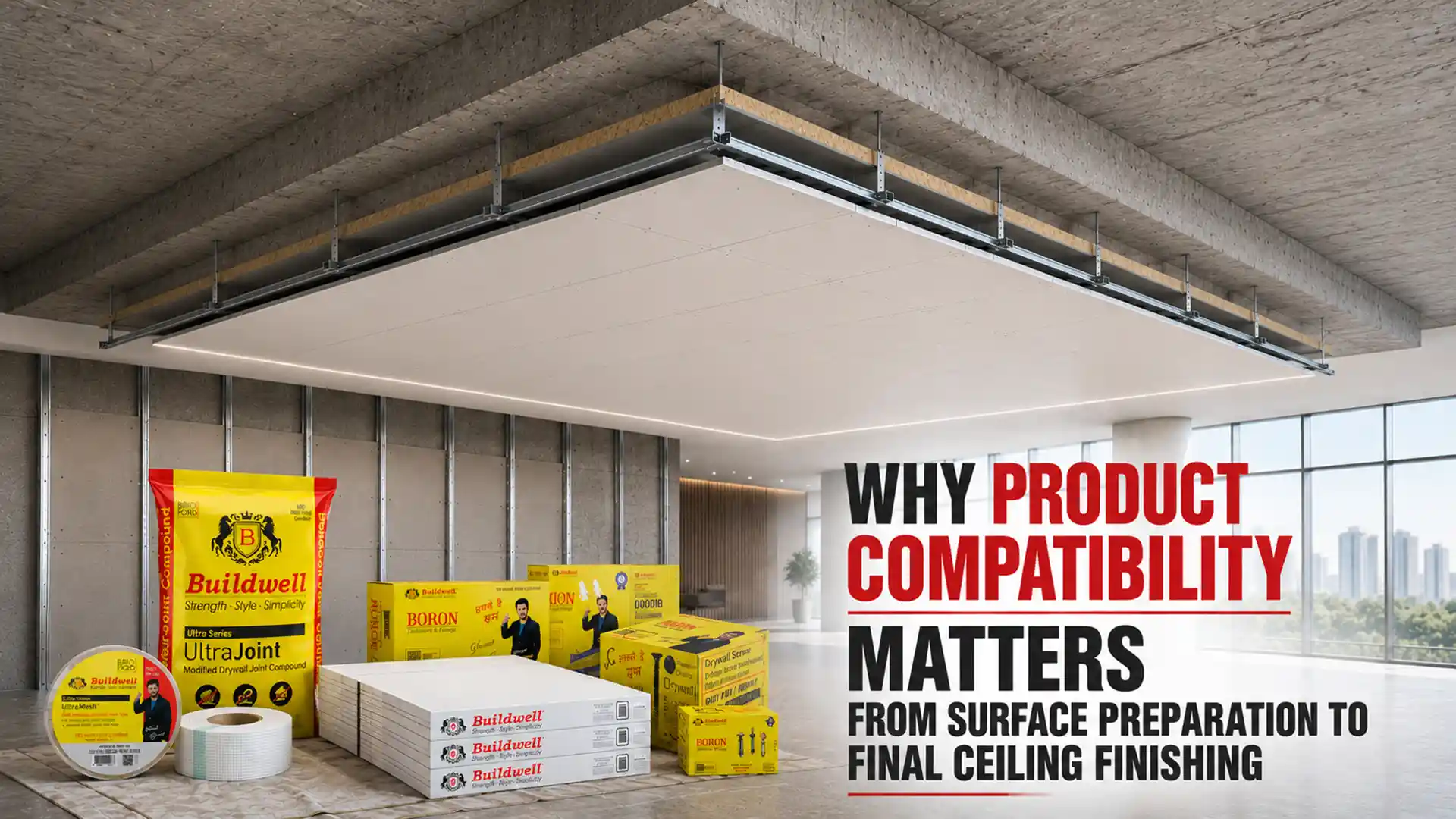 Buildwell ceiling system with gypsum boards, joint compound, screws, and accessories representing Ceiling and Gypsum Plaster Products in India.