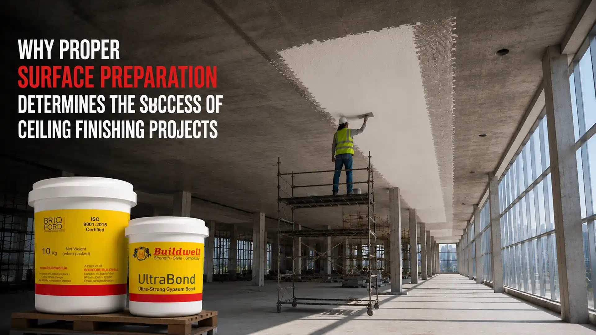 Application of premium gypsum bond from the Best Gypsum Bond Supplier in India to prepare ceiling surfaces for strong adhesion and a smooth finish.