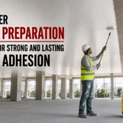 Worker applying Gypsum Bond on an RCC ceiling surface to improve plaster adhesion and create a durable, crack-resistant finish before gypsum plaster application.