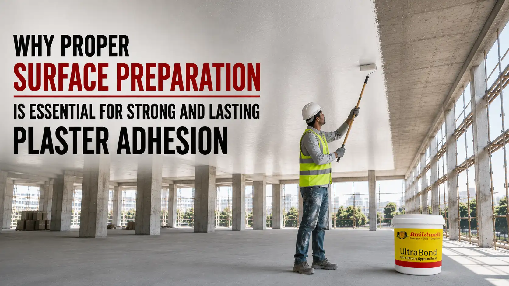 Worker applying Gypsum Bond on an RCC ceiling surface to improve plaster adhesion and create a durable, crack-resistant finish before gypsum plaster application.