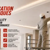 Professional application of Gypsum Plaster on an interior ceiling, creating a smooth, durable surface with excellent adhesion and long-lasting finish quality.
