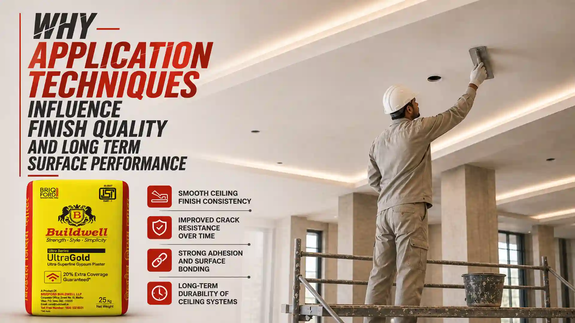 Professional application of Gypsum Plaster on an interior ceiling, creating a smooth, durable surface with excellent adhesion and long-lasting finish quality.