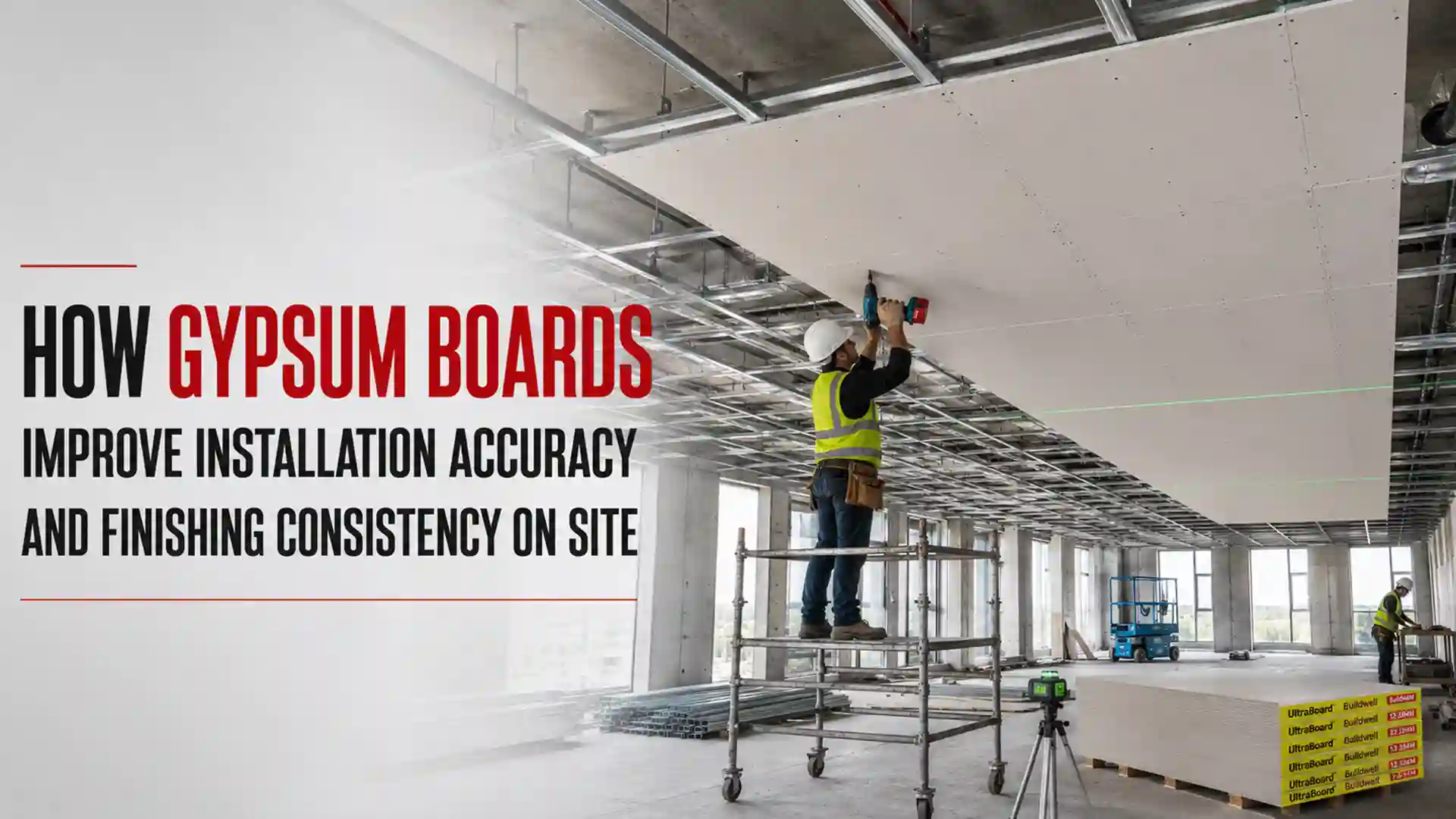 Gypsum Boards being installed on a suspended ceiling framework to achieve accurate alignment, smooth finishing, and efficient interior construction.