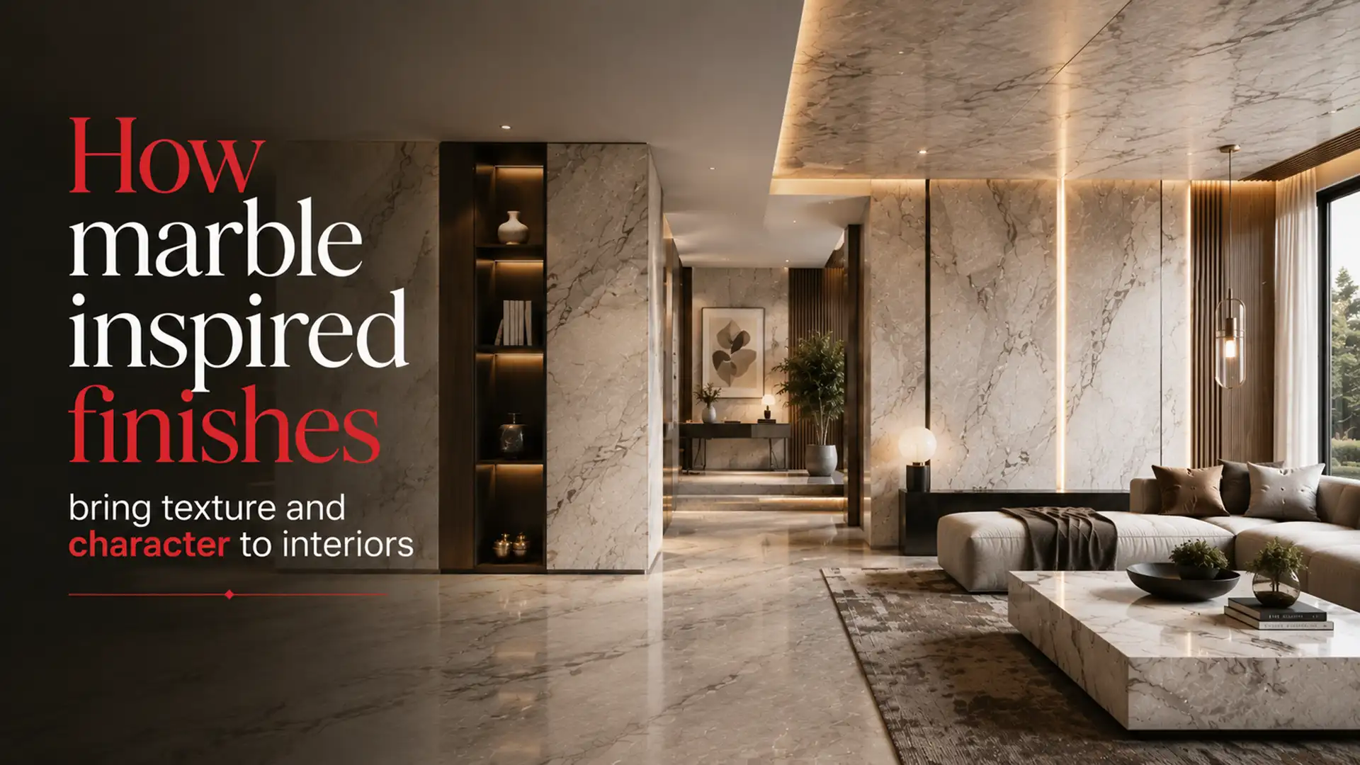 Marble Sheets used across walls, ceiling surfaces, and interior features to create a refined marble-inspired finish