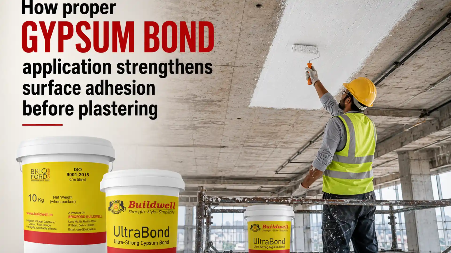 Gypsum Bond being applied to a concrete ceiling before plastering to improve surface adhesion, ensure stronger bonding, and deliver a long-lasting interior finish.