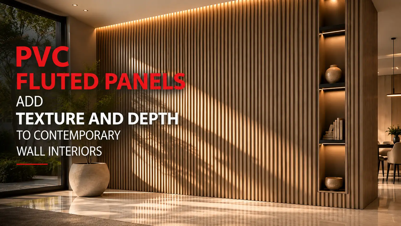 PVC Fluted Panel enhancing a contemporary interior wall with warm lighting and vertical texture