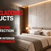 Modern bedroom featuring premium PVC Panel Sheet for Wall with elegant wall cladding that provides moisture protection, durability, and easy interior maintenance.