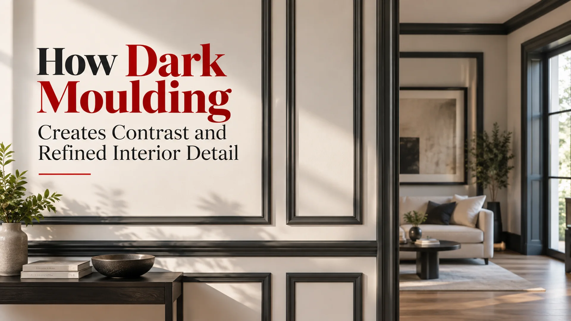 Charcoal Moulding framing light wall panels to create strong contrast and refined detailing in a modern interior