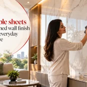PVC Marble Sheet used on a modern living room wall with a glossy marble finish that is easy to clean and maintain