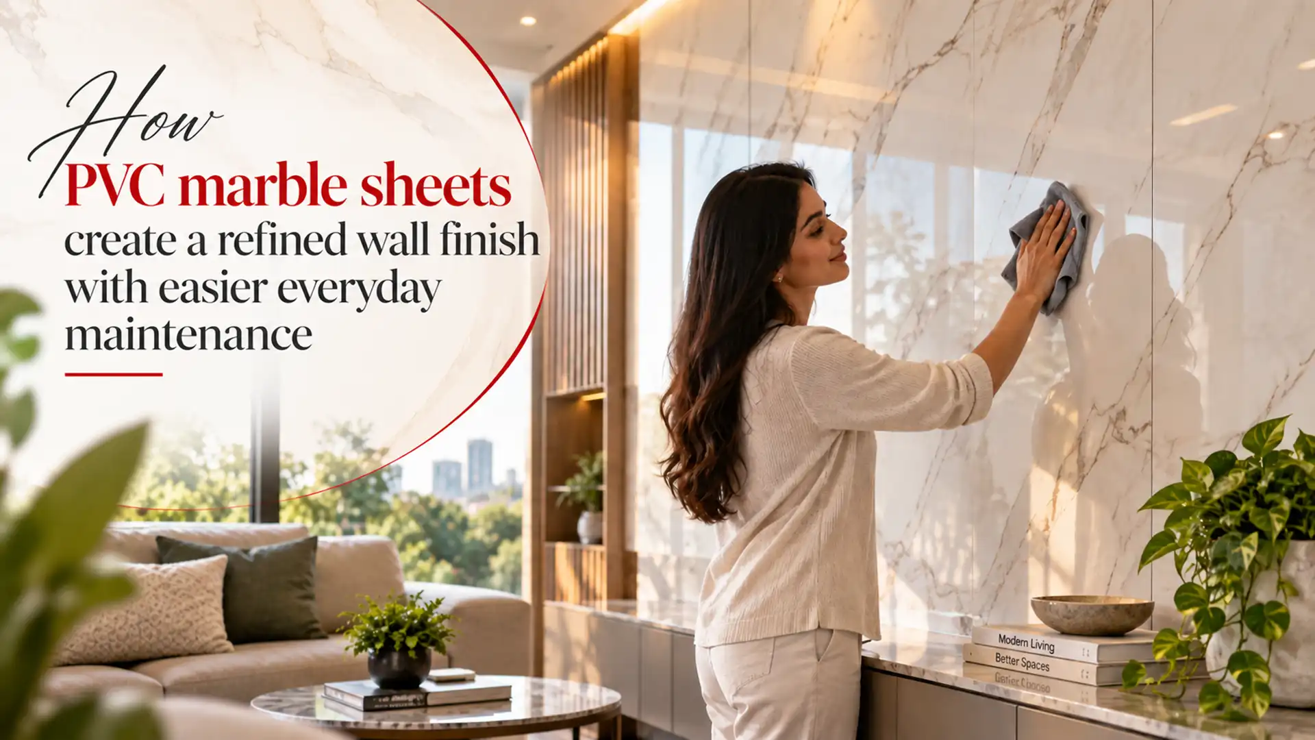 PVC Marble Sheet used on a modern living room wall with a glossy marble finish that is easy to clean and maintain