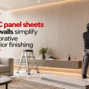 PVC Panel Sheet for Wall being installed in a modern living room to create a clean vertical decorative finish with coordinated wall detailing