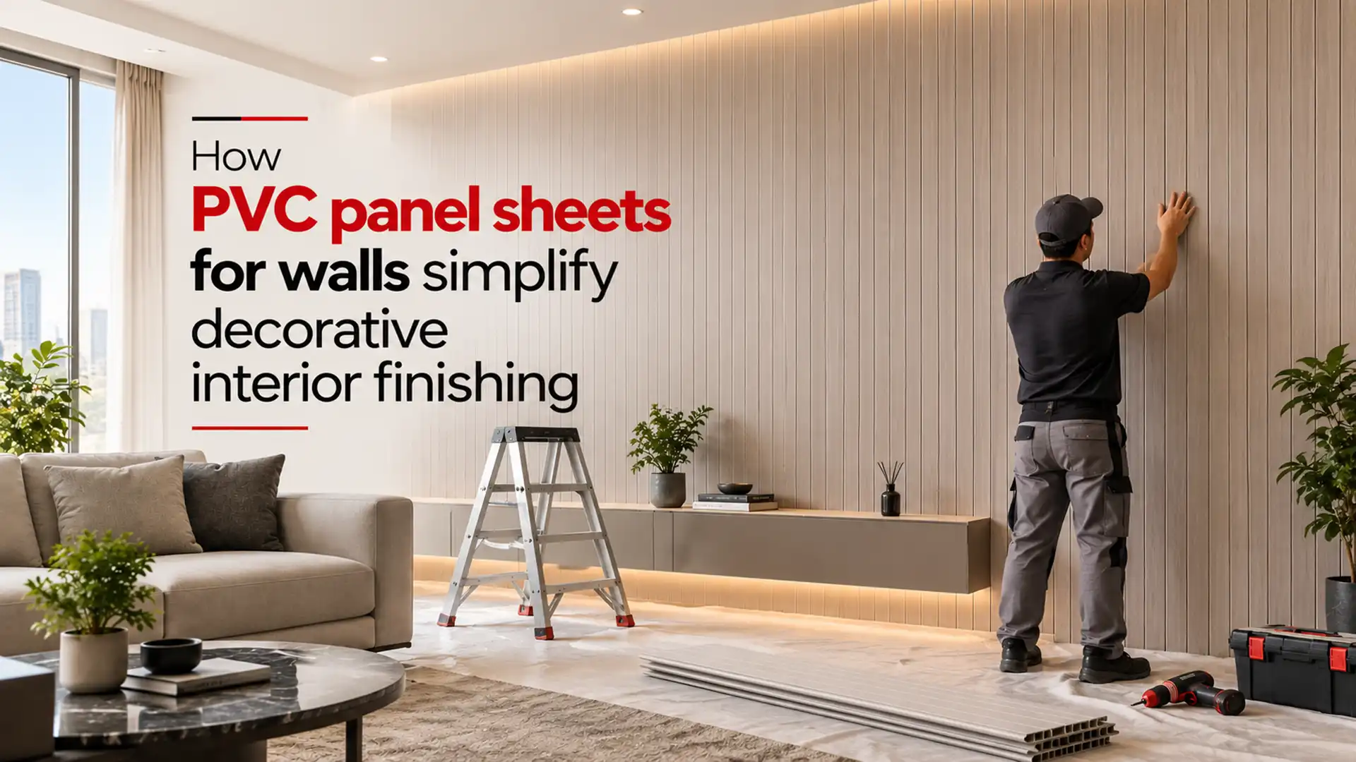 PVC Panel Sheet for Wall being installed in a modern living room to create a clean vertical decorative finish with coordinated wall detailing
