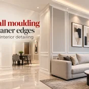 Modern living room featuring PVC Wall Moulding with clean framed wall edges, elegant panel detailing, and a bright contemporary interior
