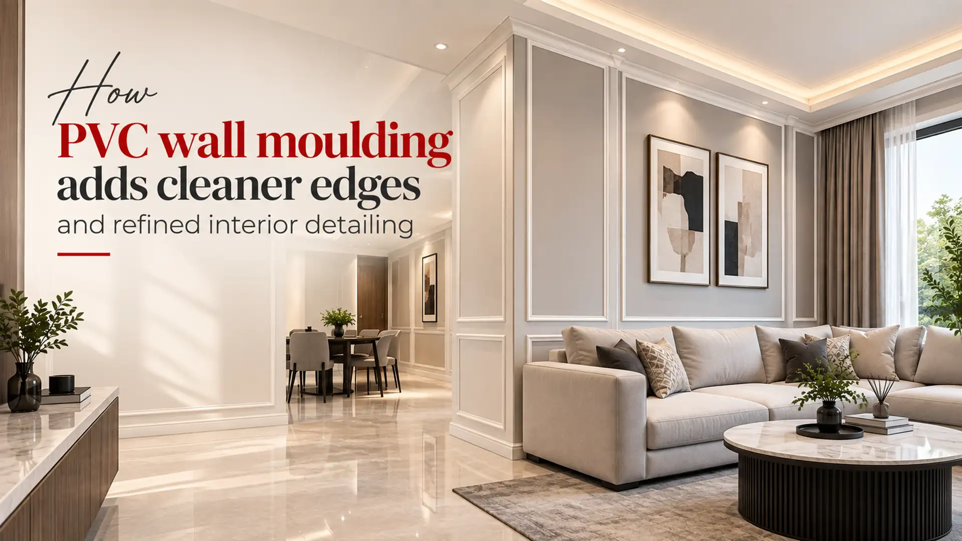 Modern living room featuring PVC Wall Moulding with clean framed wall edges, elegant panel detailing, and a bright contemporary interior