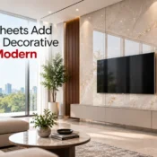UV Sheet used as a glossy marble-inspired decorative wall panel behind a television in a modern living room