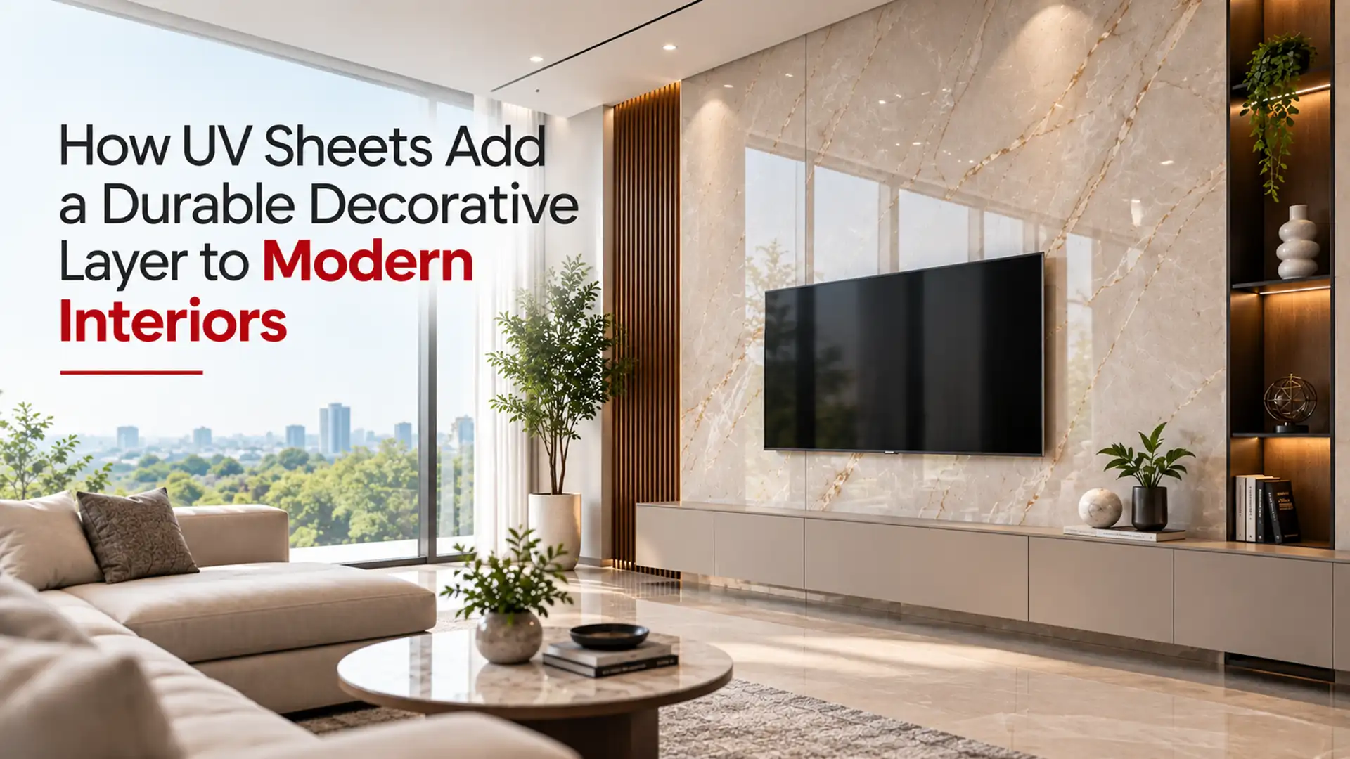 UV Sheet used as a glossy marble-inspired decorative wall panel behind a television in a modern living room