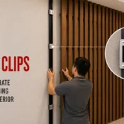WPC Louvers Clips supporting precise alignment of wooden louver panels during modern interior wall installation