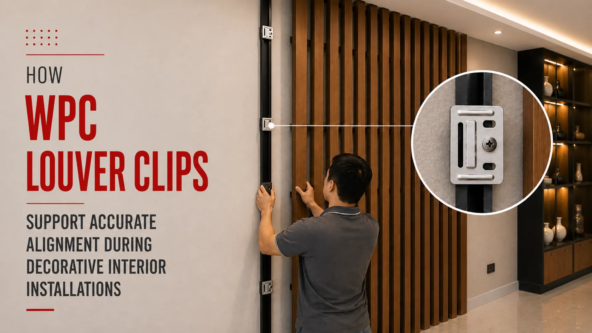 WPC Louvers Clips supporting precise alignment of wooden louver panels during modern interior wall installation