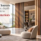 WPC Louvers used as vertical wood-finish wall and partition elements in a modern living room to add texture, depth, and architectural structure
