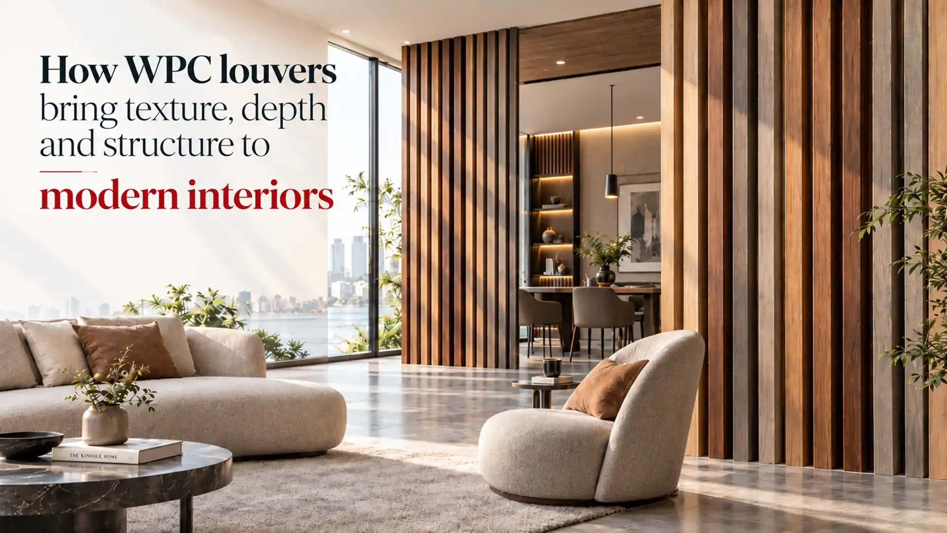 WPC Louvers used as vertical wood-finish wall and partition elements in a modern living room to add texture, depth, and architectural structure