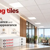 Ceiling Tiles installed in a modern office interior with integrated lighting, helping create a clean ceiling layout and easy-maintenance workspace