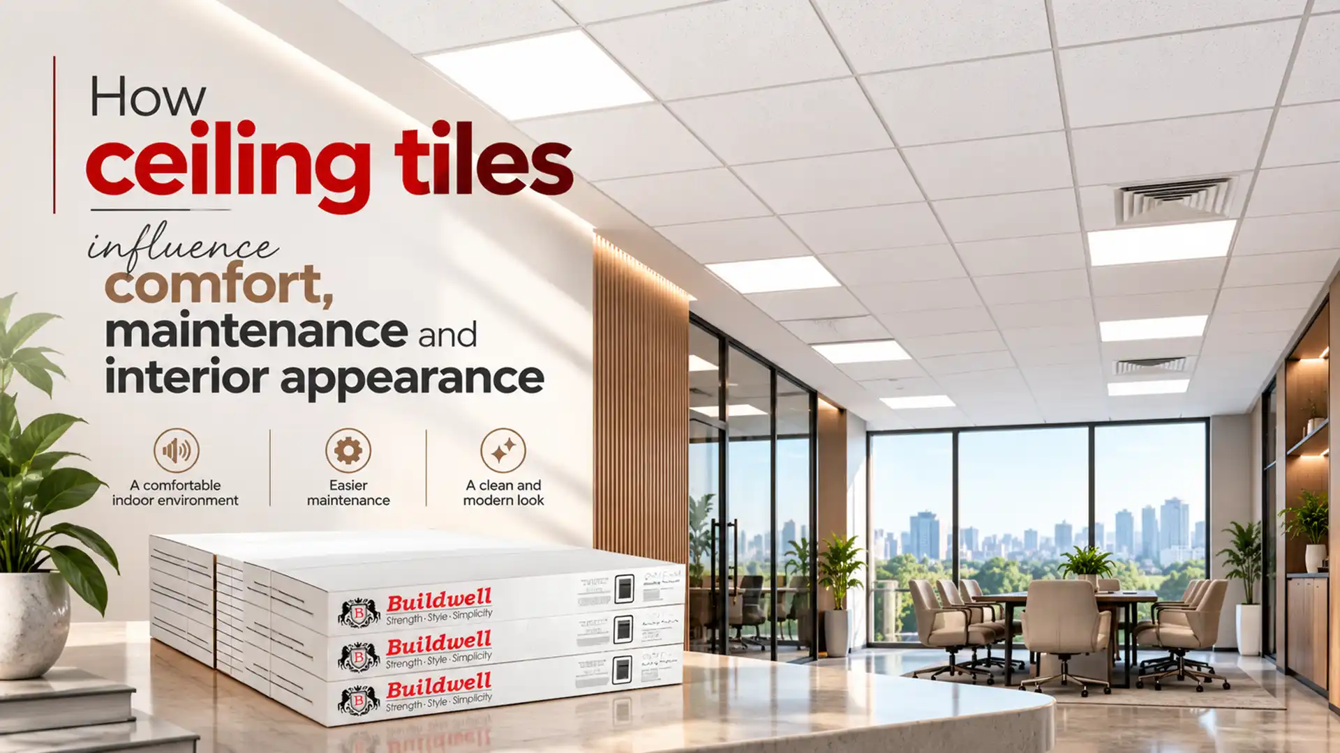 Ceiling Tiles installed in a modern office interior with integrated lighting, helping create a clean ceiling layout and easy-maintenance workspace