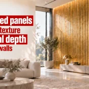 Modern living room featuring a Gold Fluted Panel wall with vertical grooves that create texture, depth, and a refined decorative finish