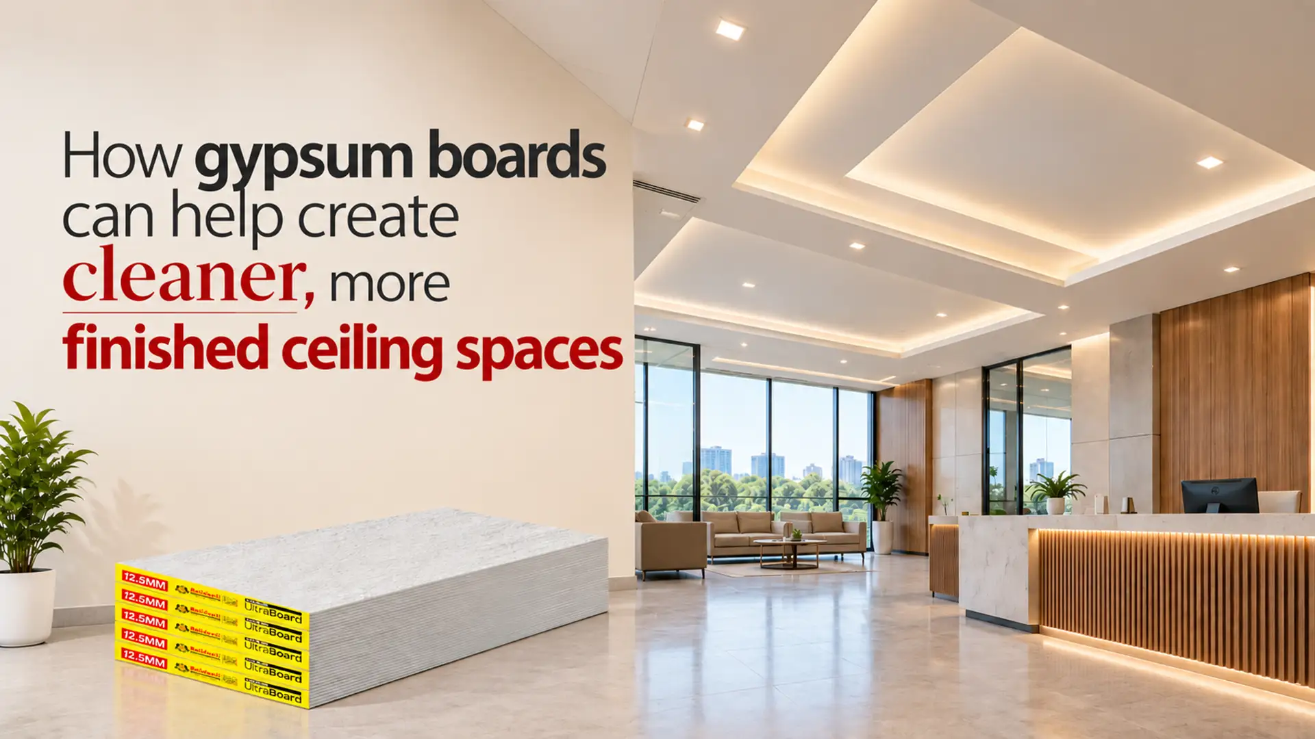 Gypsum Boards used to create clean, smooth, and well-finished false ceiling designs in a modern commercial interior