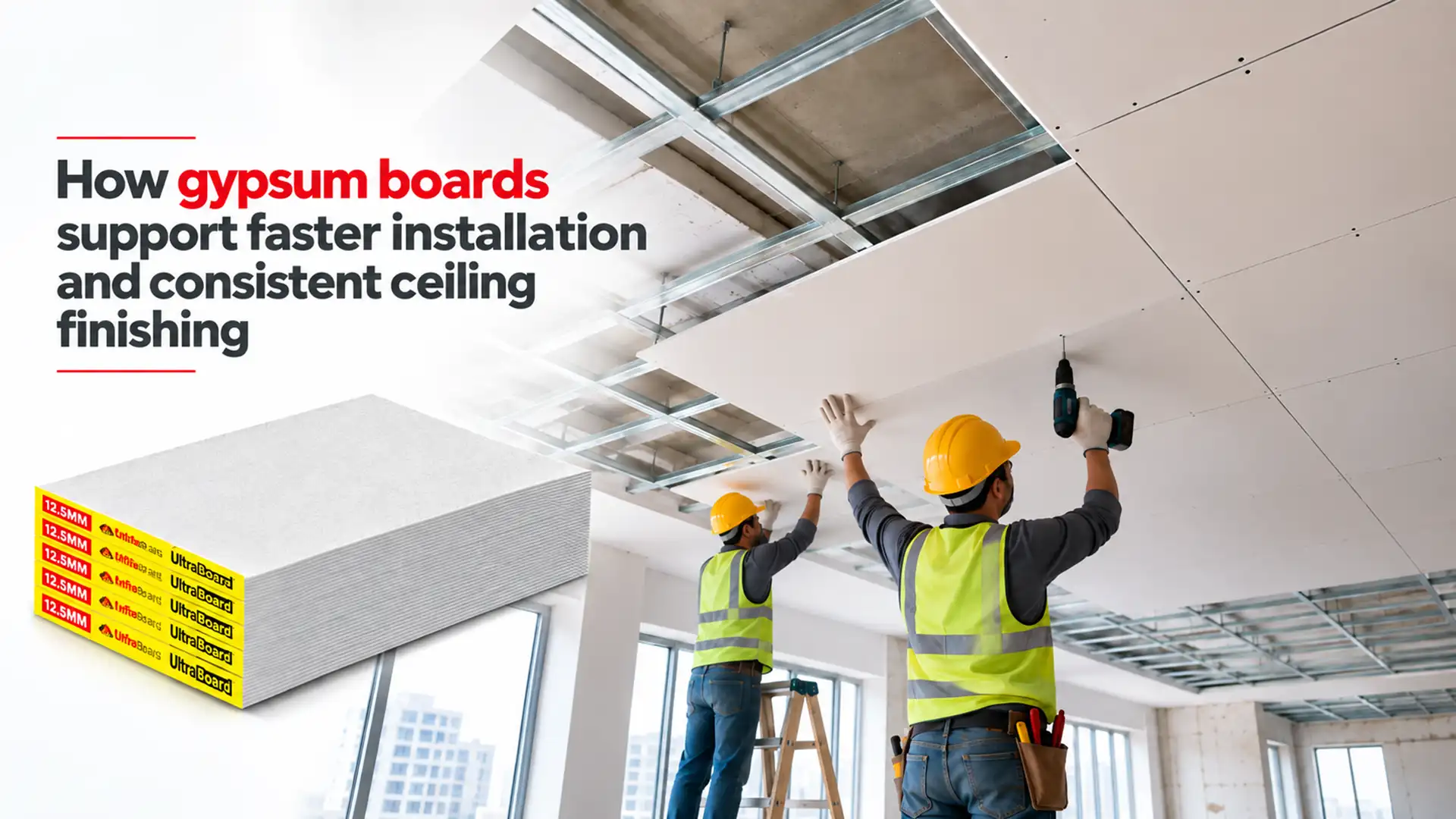 Gypsum Boards being installed on a suspended metal ceiling framework by workers to support faster installation and consistent finishing
