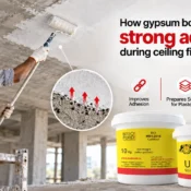 Gypsum Bond being applied with a roller to a concrete ceiling surface to improve adhesion before plastering and support a durable finish