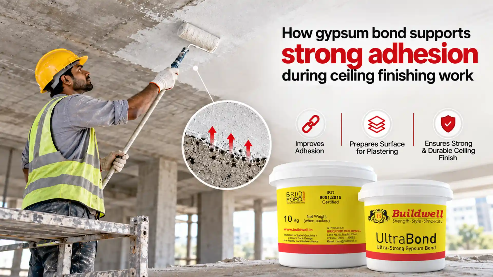 Gypsum Bond being applied with a roller to a concrete ceiling surface to improve adhesion before plastering and support a durable finish