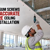 Gypsum Screw being used with a drill to secure ceiling boards accurately onto metal framing during interior construction