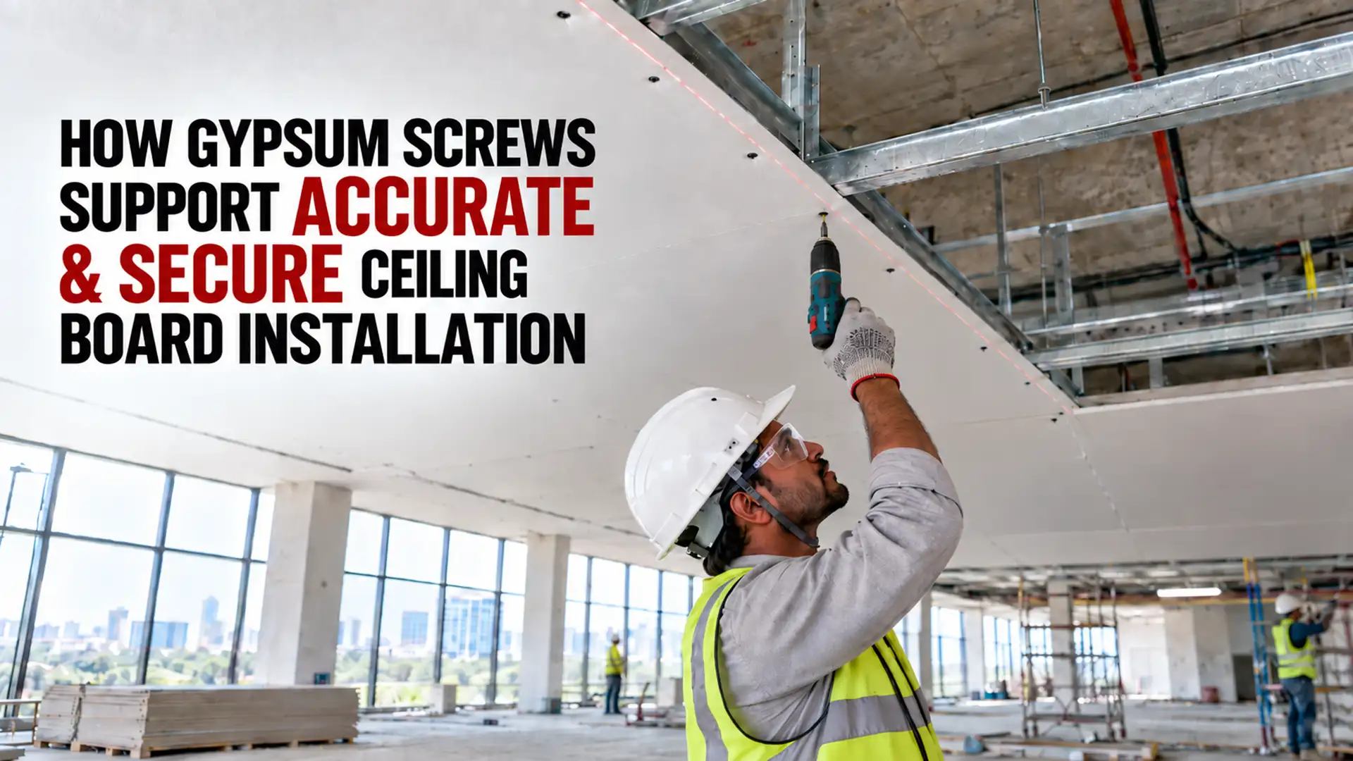 Gypsum Screw being used with a drill to secure ceiling boards accurately onto metal framing during interior construction