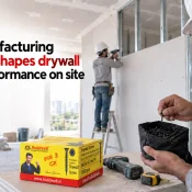 Drywall Screw Manufacturer in India showing a worker selecting drywall screws during gypsum board installation on metal framing