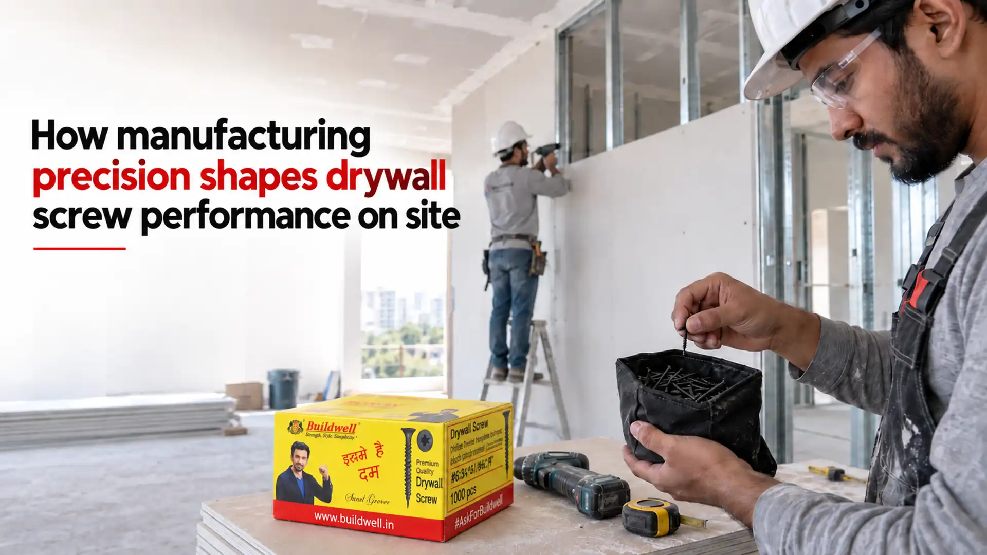 Drywall Screw Manufacturer in India showing a worker selecting drywall screws during gypsum board installation on metal framing