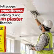 Gypsum Plaster being applied to an interior ceiling by a worker to create a smooth and consistent surface finish