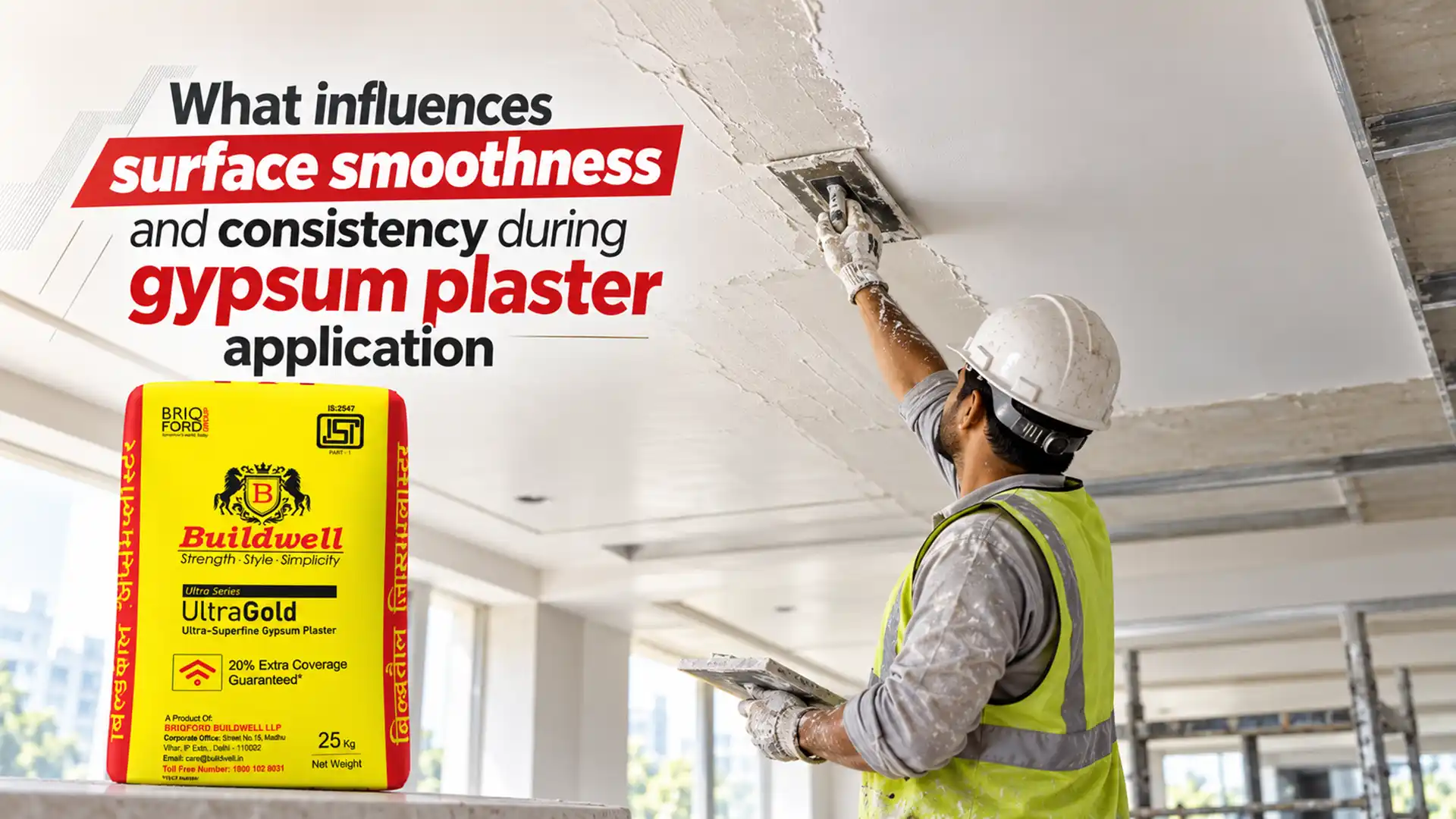 Gypsum Plaster being applied to an interior ceiling by a worker to create a smooth and consistent surface finish