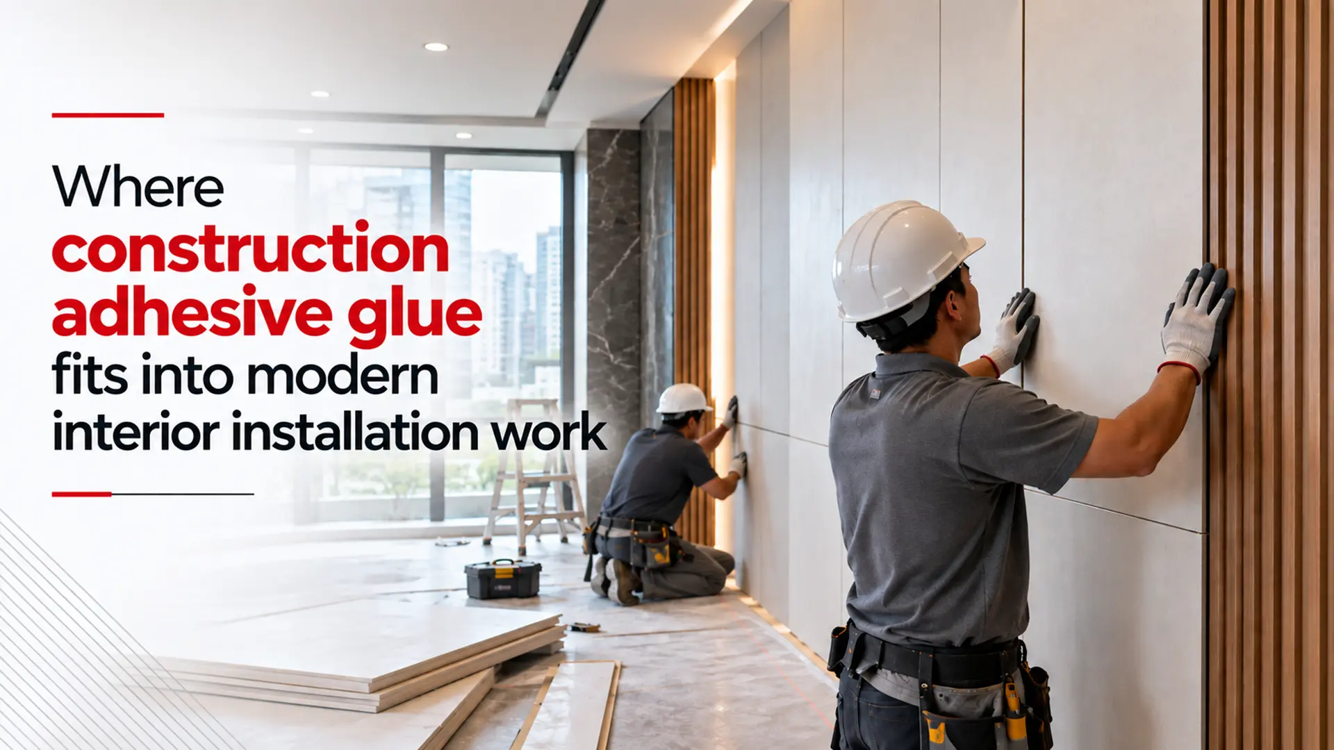 Construction Adhesive Glue used during modern interior wall panel installation to support clean alignment and secure fixing