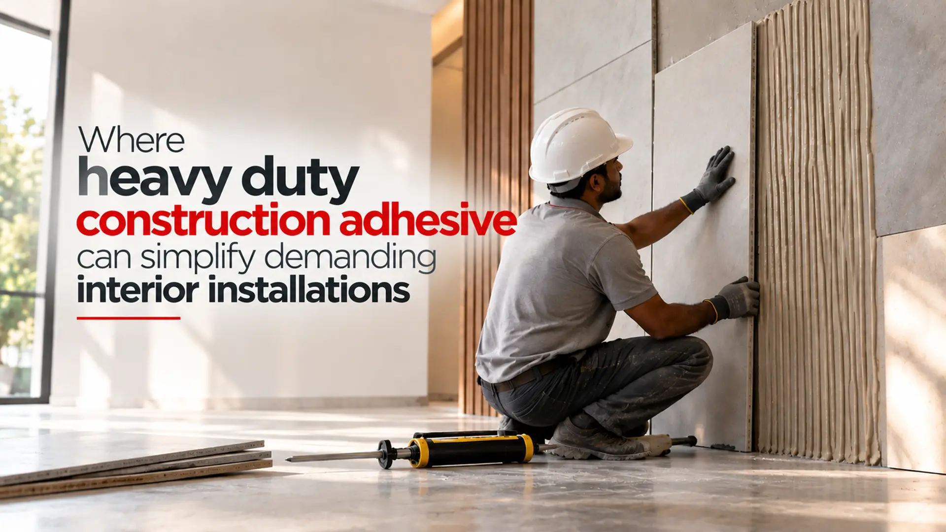Heavy Duty Construction Adhesive used by a worker to install large decorative wall panels securely in a modern interior space