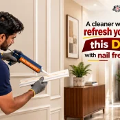 Professional applying Nail Free Adhesive to decorative wall moulding in a modern living room for a clean, nail-free interior upgrade using Buildwell adhesive.