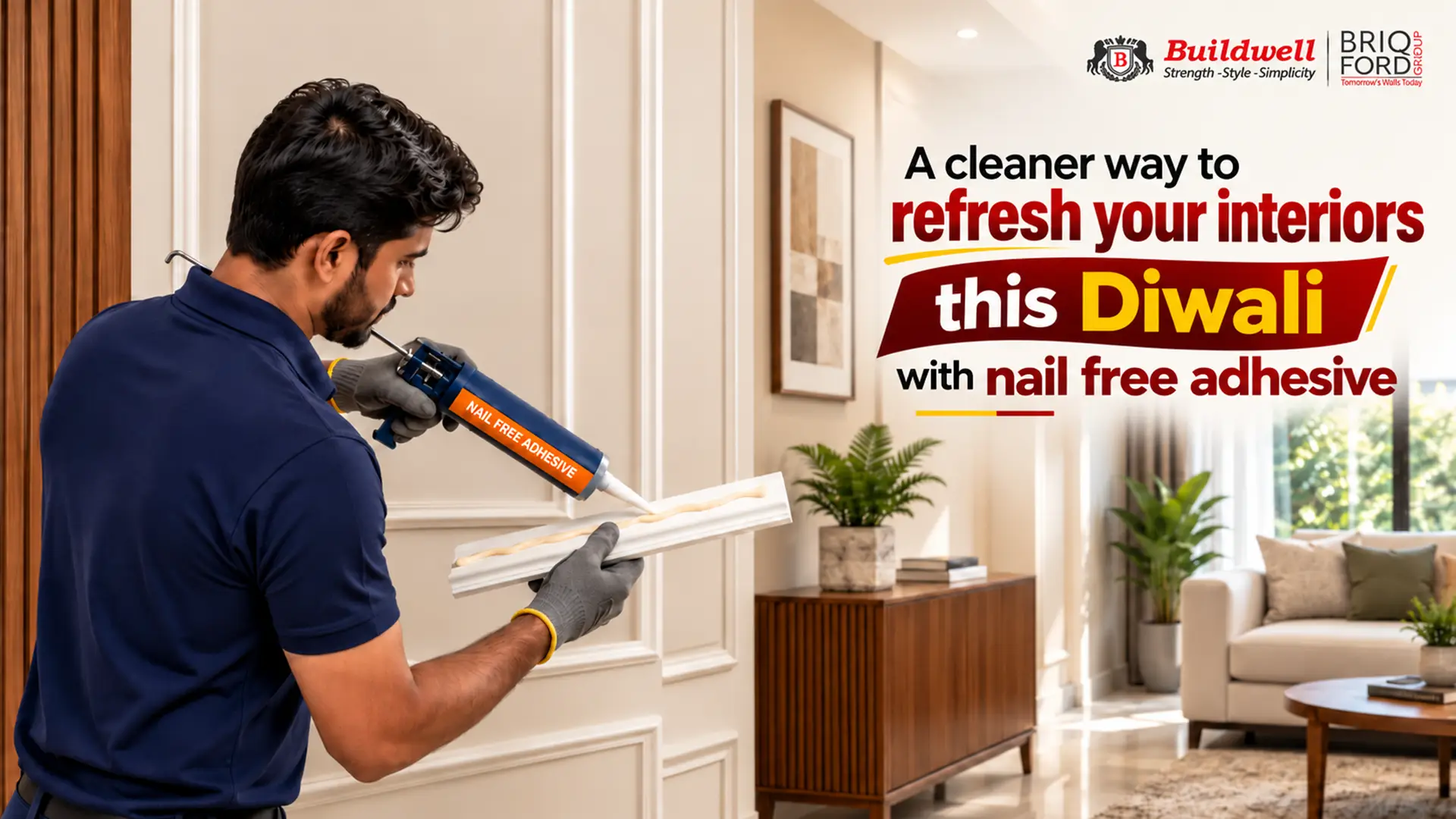 Professional applying Nail Free Adhesive to decorative wall moulding in a modern living room for a clean, nail-free interior upgrade using Buildwell adhesive.