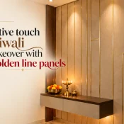 Golden Line Panel featuring beige textured wall panels with vertical gold detailing, a floating wooden console, warm lighting, and traditional Diwali diyas
