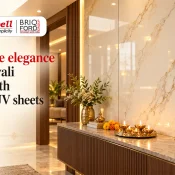 Decorative UV sheets with an elegant marble finish enhancing a modern Diwali interior, featuring warm lighting, brass diyas, and festive decor by Buildwell.