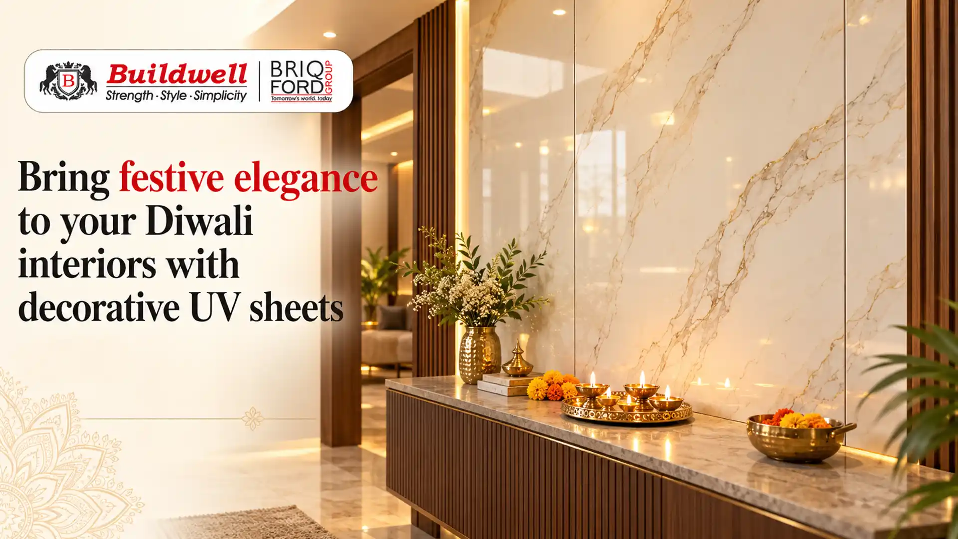 Decorative UV sheets with an elegant marble finish enhancing a modern Diwali interior, featuring warm lighting, brass diyas, and festive decor by Buildwell.